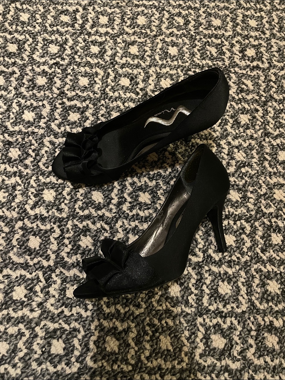 Black Satin Peep-Toe High Heels with Bow